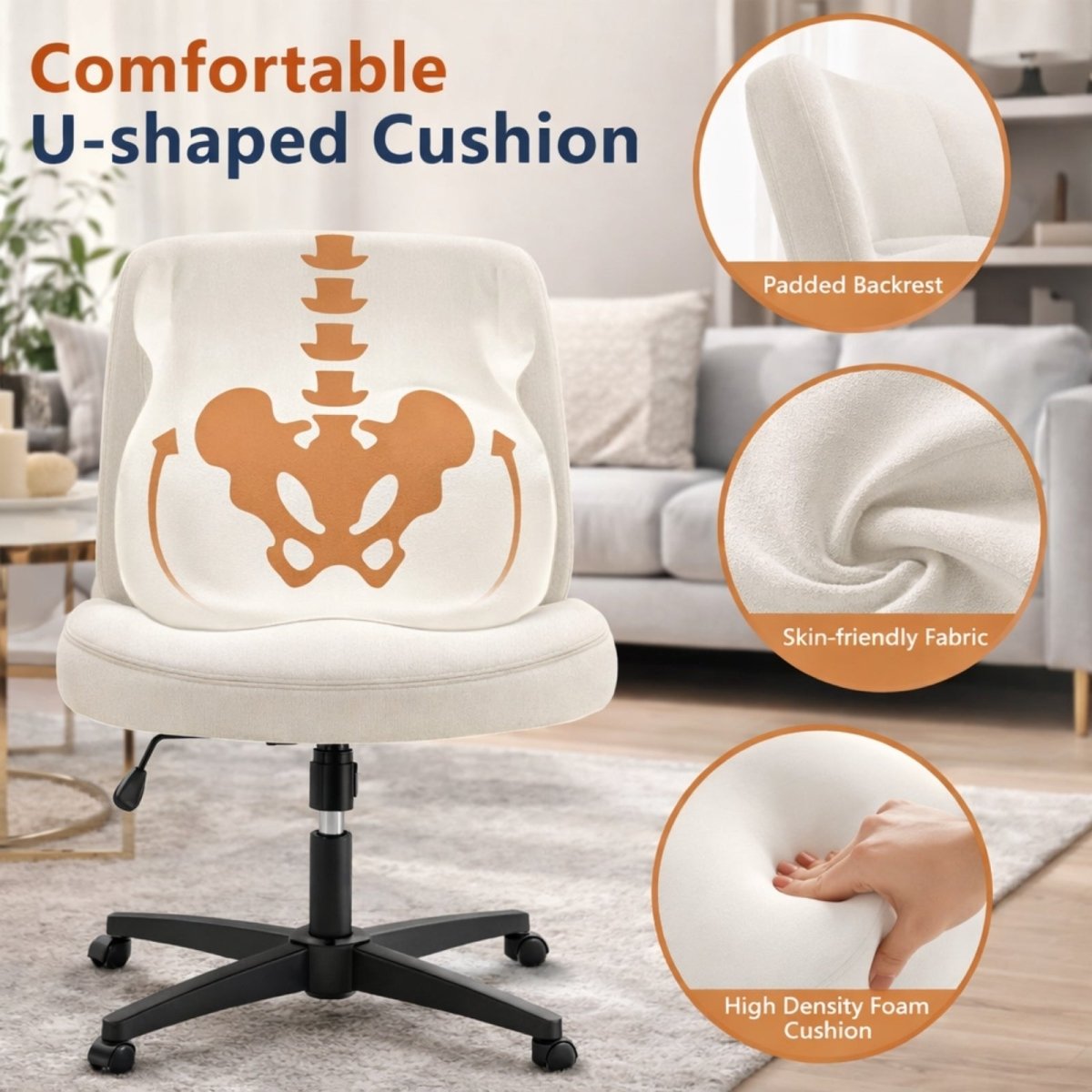 Close up infographic of U-shaped high density foam cushion and skin-friendly fabric texture.