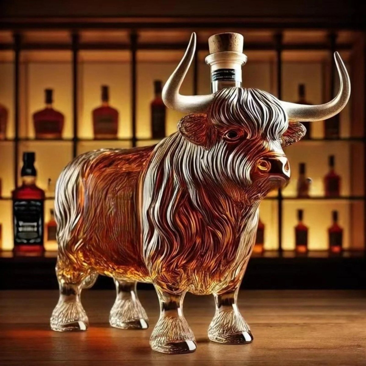Side profile of the Kouvr Highland Cow whiskey decanter filled with bourbon, showcasing the intricate glasswork of its mane, set on a wooden bar top.