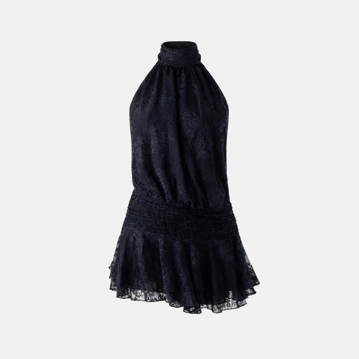 Flat lay of the Hope dark navy lace dress showing the full front silhouette, high neck, and smocked waist detail against a white background.
