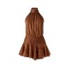 Front view of the Kouvr Hope brown striped halter mini dress on a ghost mannequin, highlighting the gathered neckline and ruched waist.