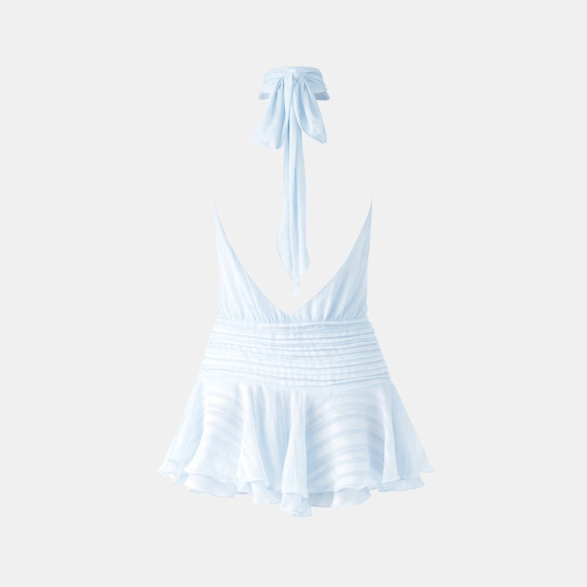 Product-only photo of the back of the Kouvr Hope Sky mini dress, showing the bow tie and open back detail.