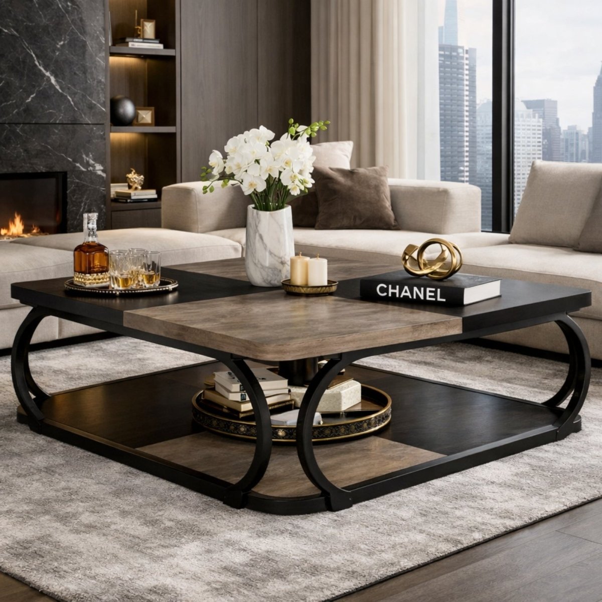 Styled rustic industrial coffee table with coffee table books, candles, and gold accents showing the spacious 39-inch surface area.