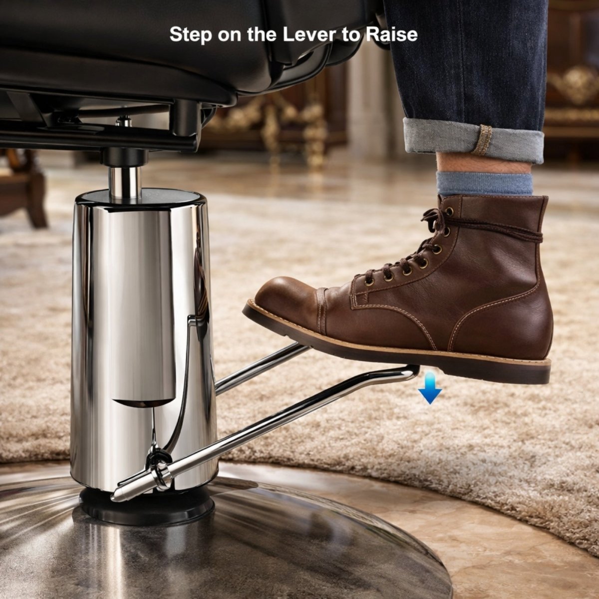 A person's foot in a brown leather boot pressing the foot lever to raise a salon chair equipped with the Kouvr chrome hydraulic pump.