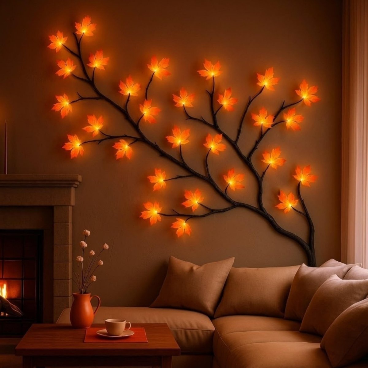 The Illuminated Maple Branch Vine Wisp mounted above a beige sectional sofa next to a fireplace, casting a warm, ambient orange glow in a cozy living room.