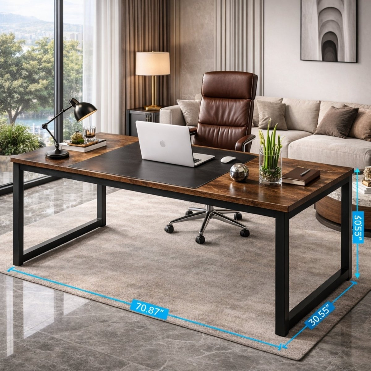The Kouvr industrial wood and metal desk in a luxury living room setting with dimensions showing 70.87 inches long and 30.55 inches deep.
