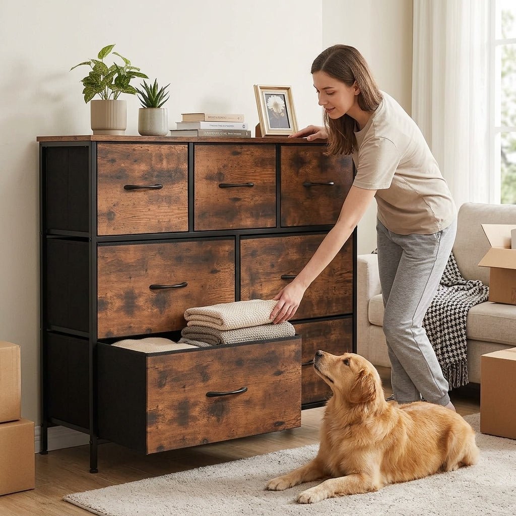 Kouvr Harper 7-drawer dresser styled in a contemporary living room, topped with books, a clock, and a dried floral arrangement with dog
