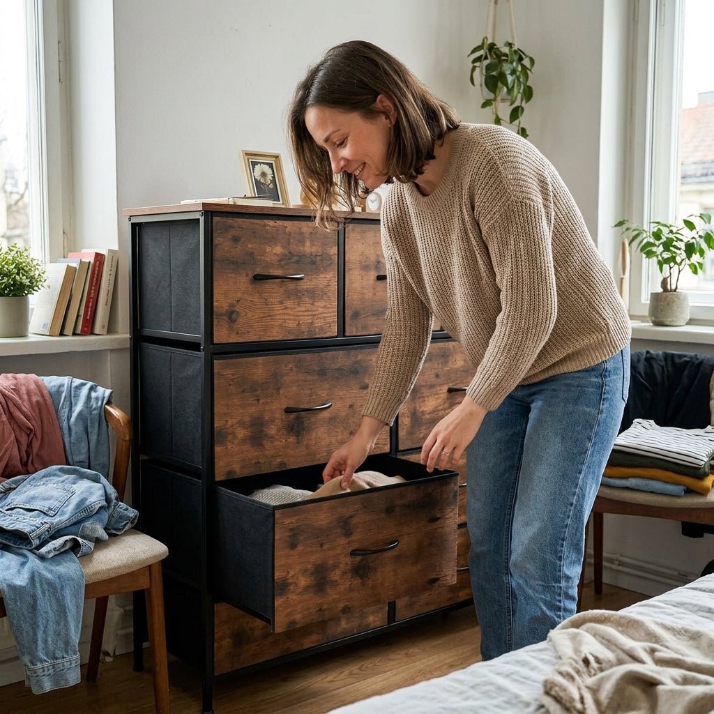 The Kouvr Harper 7-drawer dresser styled in a contemporary living room, topped with books, a clock, and a dried floral arrangement