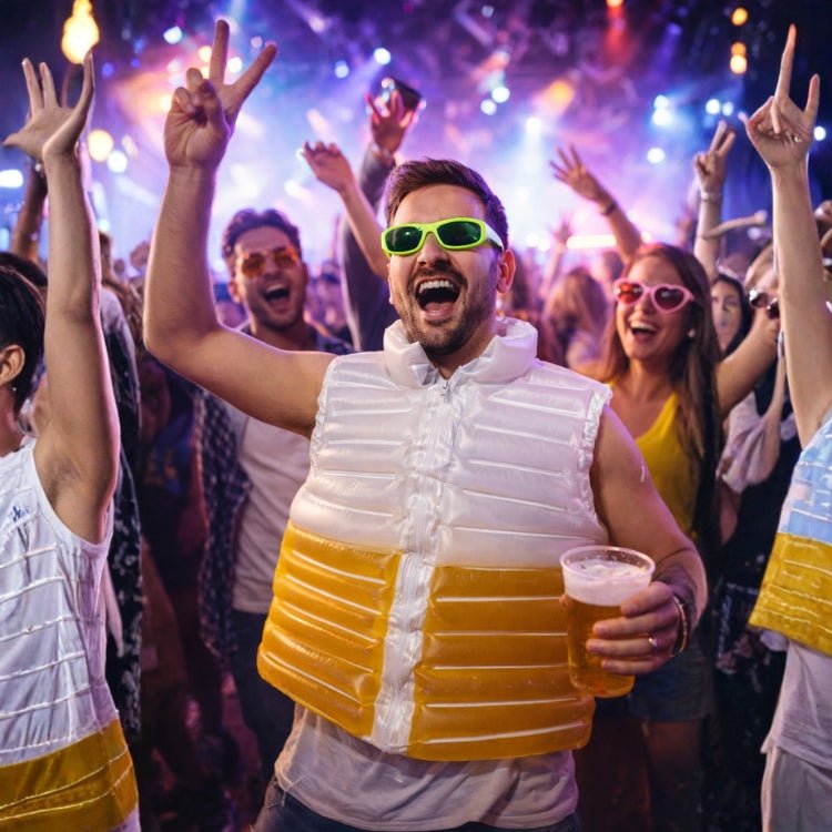 A man in a Kouvr inflatable beer vest cheering with a peace sign at a crowded music festival.