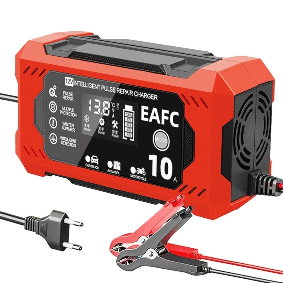 The red Kouvr 6A smart battery charger demonstrating its winter and summer automatic charging modes for optimal performance.