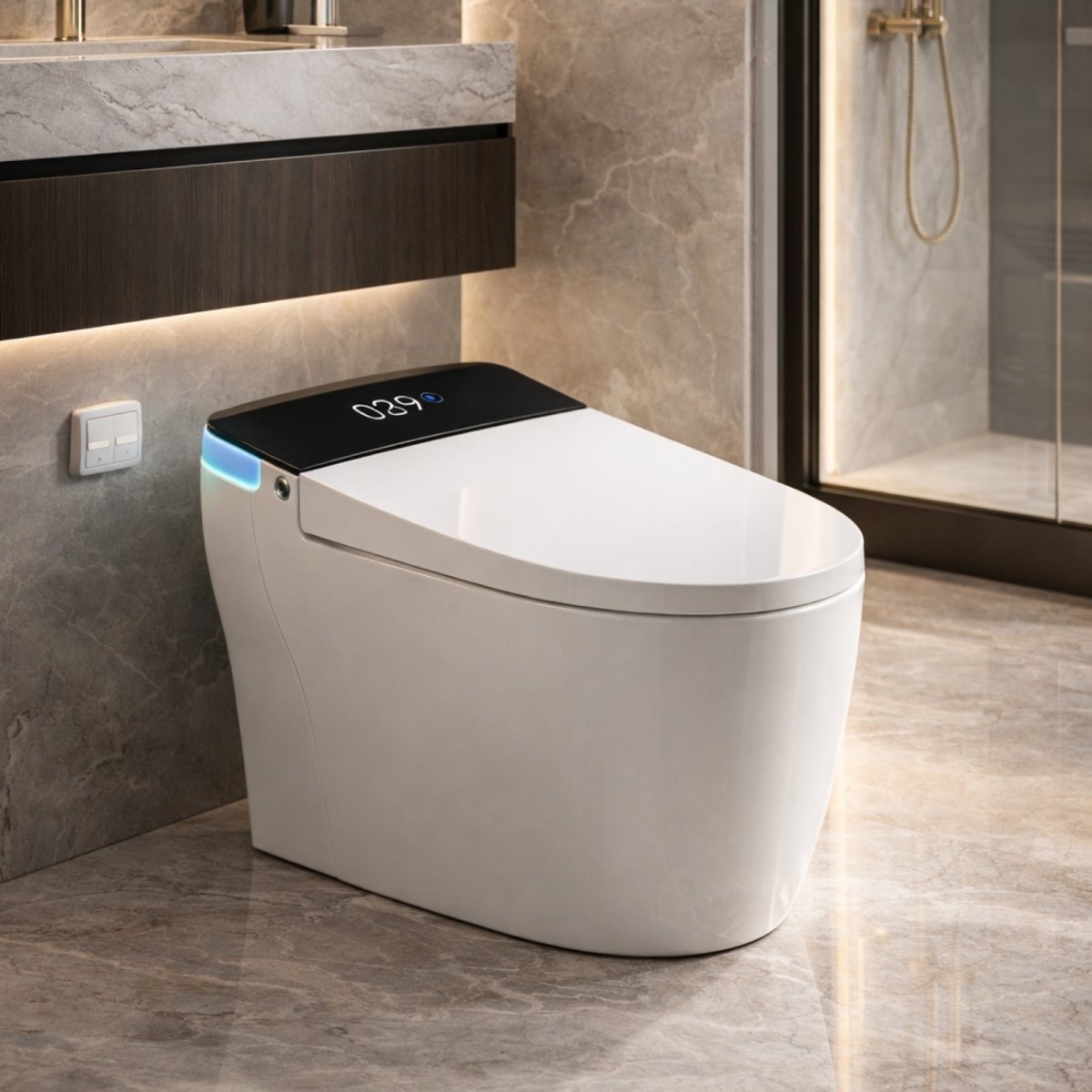 A side profile of the Kouvr intelligent tankless toilet with the lid closed, showing its sleek design and the digital temperature display on the black panel.
