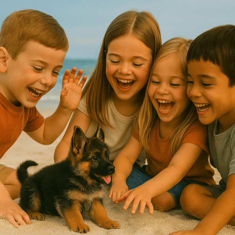 A diverse group of four happy children playing together on a beach with the Kouvr Fashion electronic robot puppy, demonstrating safe, interactive group play for kids.