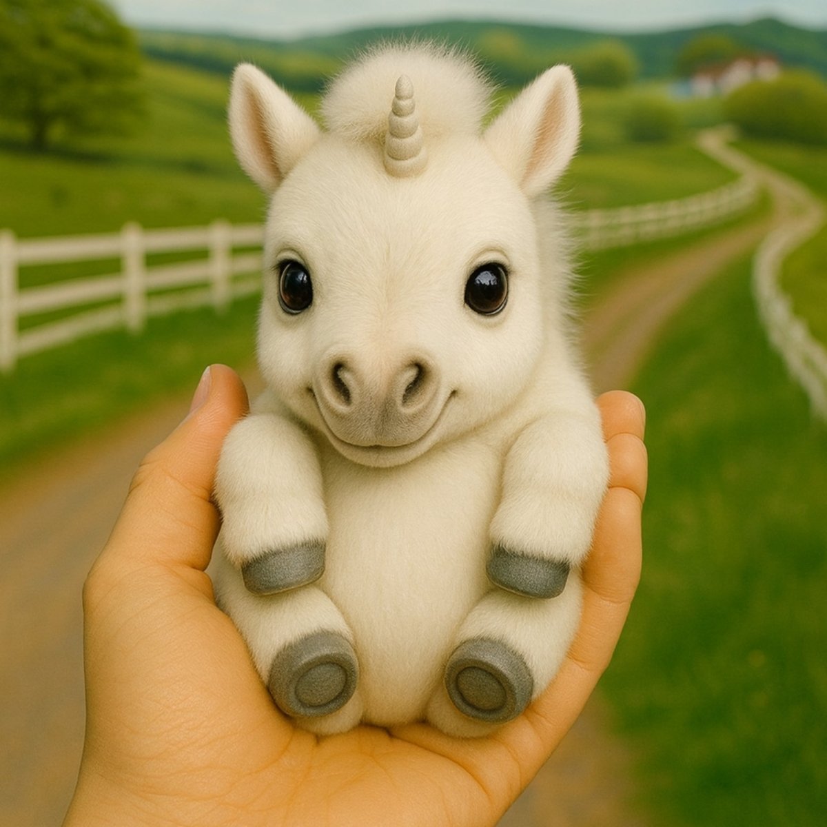 A person's hands holding a tiny, fluffy white interactive robot unicorn with a small horn, sitting in their palm.