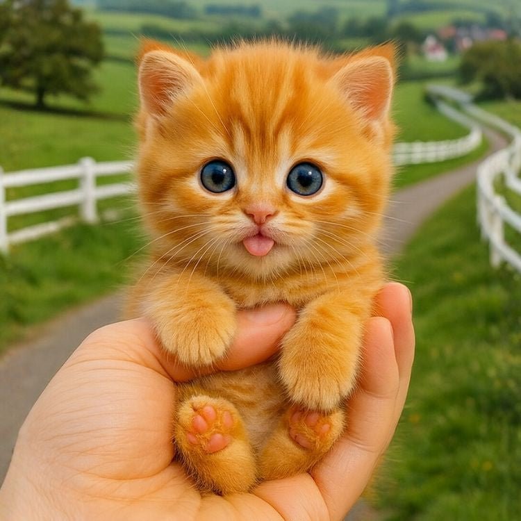 A close-up view of the Kouvr orange robot kitten with detailed fur and big blue eyes being held in a person's hand.