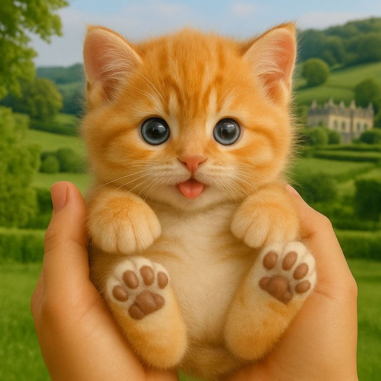 A person holding a small, fluffy orange tabby robot kitten toy with big blue eyes and its tongue sticking out in a green field.