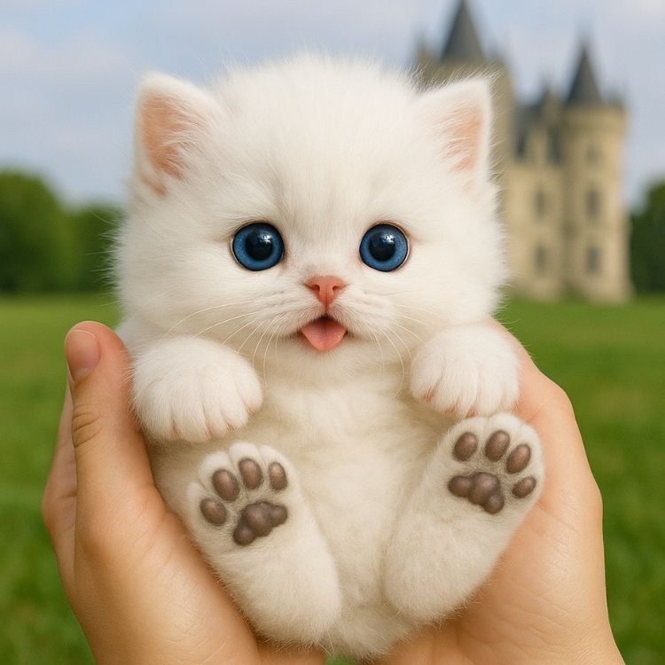 A person's hands holding a small, fluffy white interactive robot kitten with big blue eyes and its tongue out, with a castle in the background.

