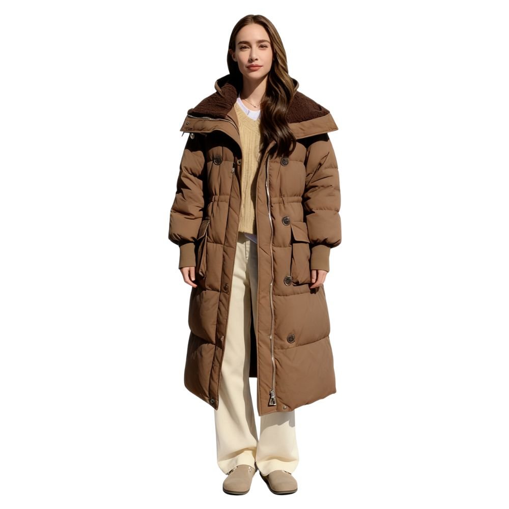 Model wearing the women's long black hooded down puffer coat