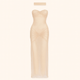 Model wearing the Kouvr Fashion Isabela strapless glitter gown in champagne with matching choker at a formal event	