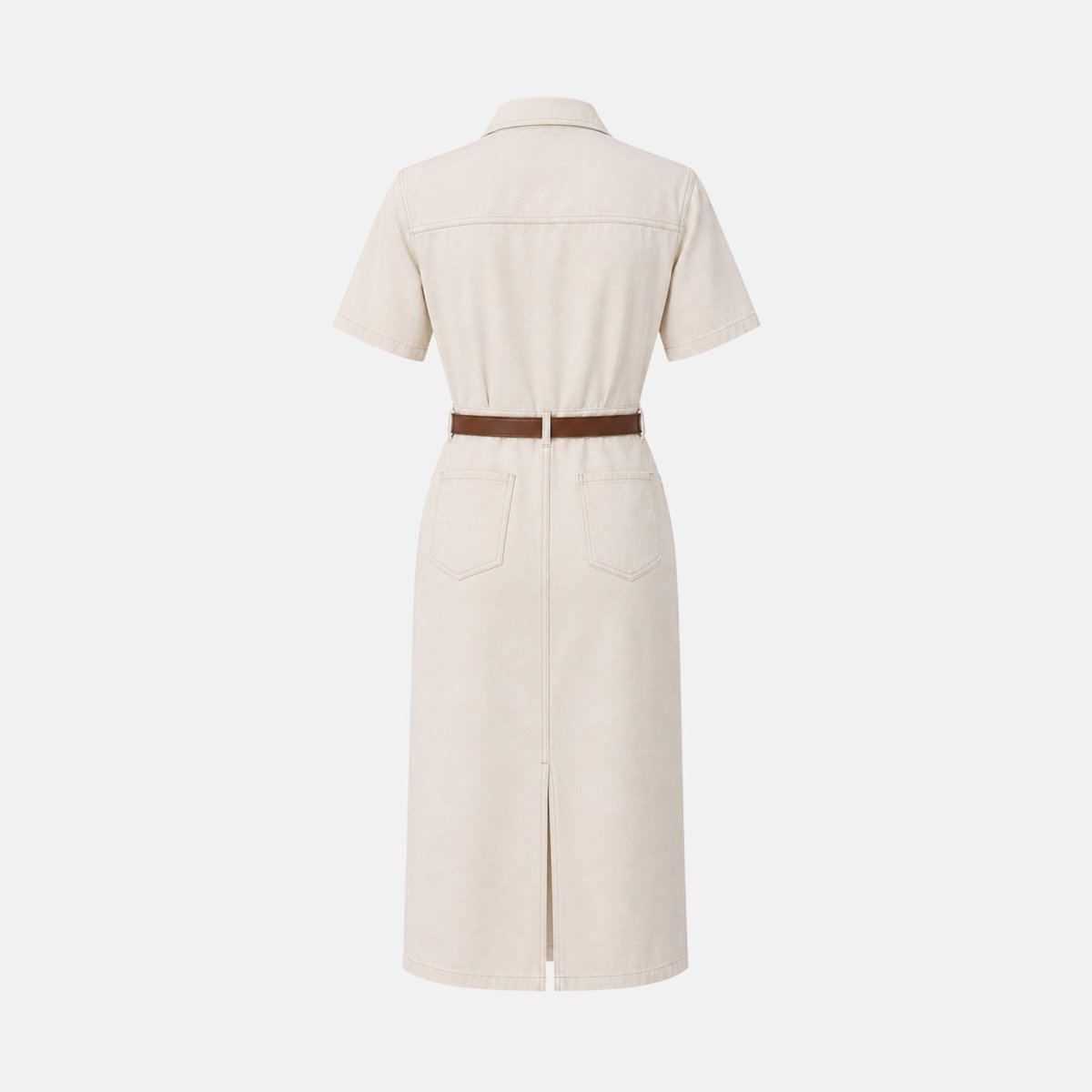 Back studio flat lay view of ivory midi shirt dress showing seam details, belt loops, and back hem vent.