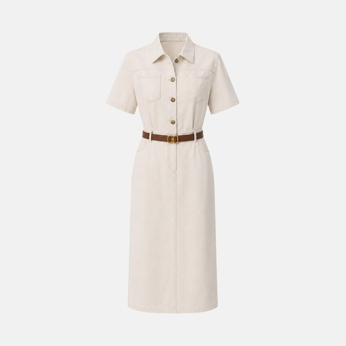 Front studio flat lay view of ivory short sleeve collared shirt dress with chest pockets and brown leather belt. 