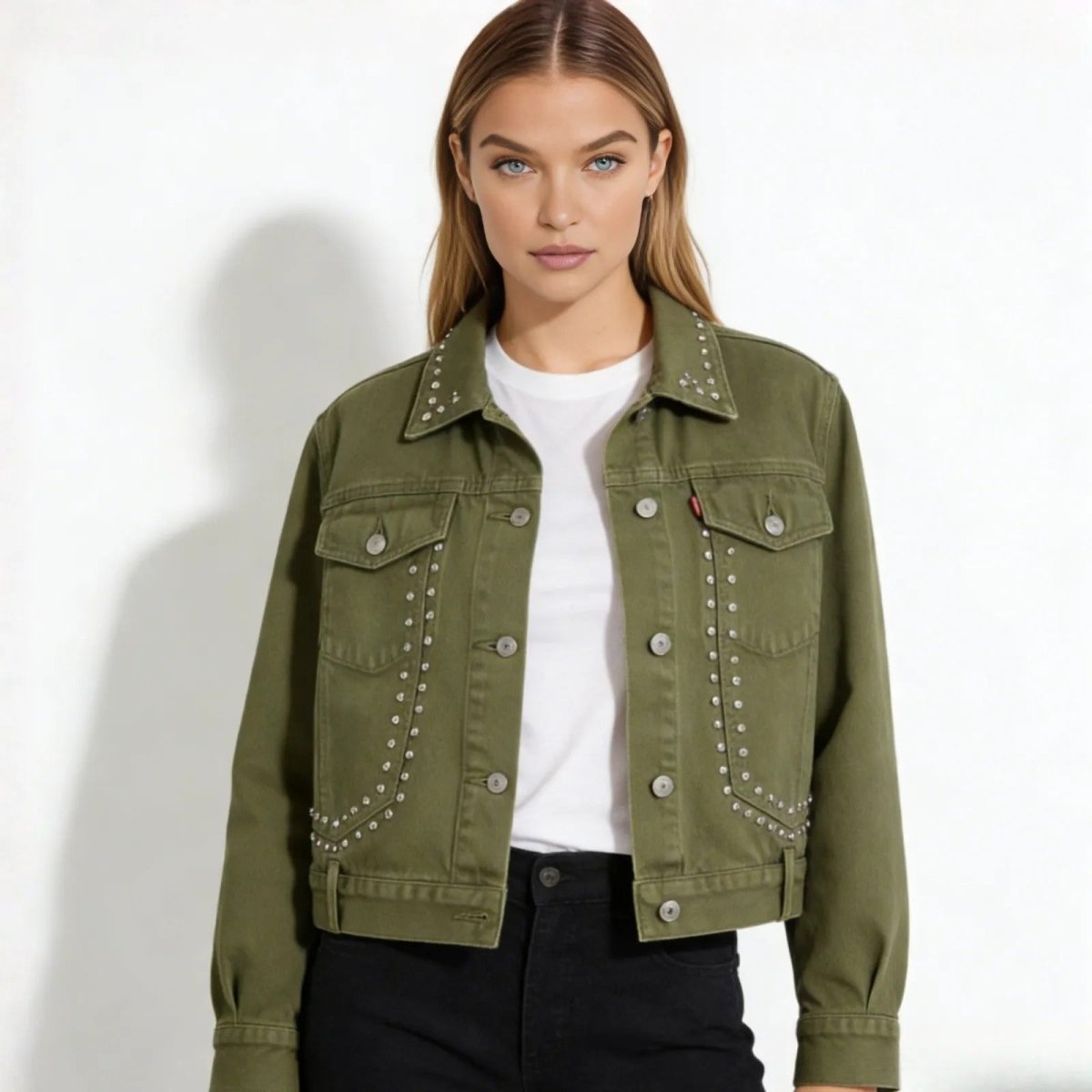 Model wearing the Kouvr Fashion army green studded trucker jacket, showing the front stud detailing and relaxed fit.