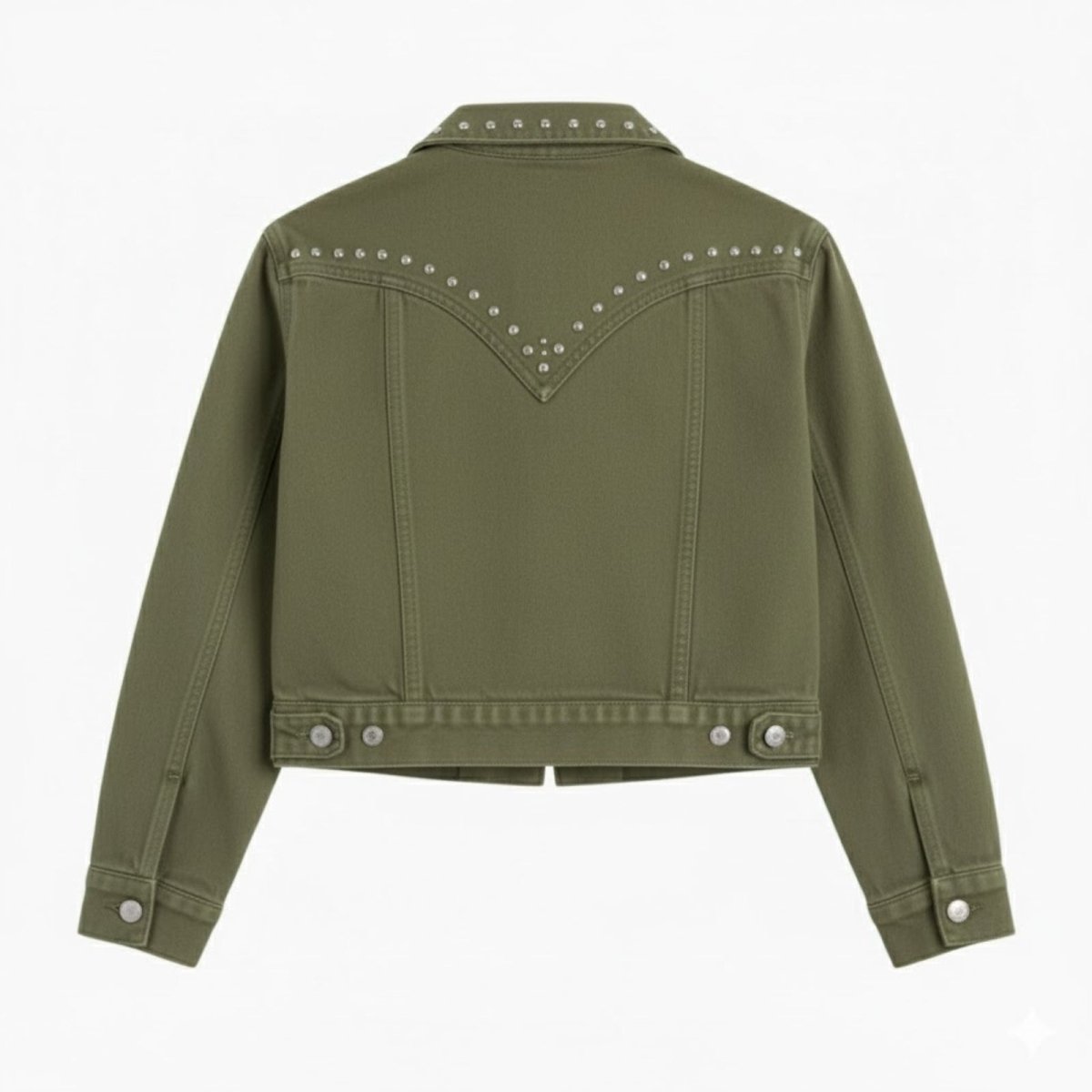 Flatlay product photo of the back of the Kouvr Fashion army green studded western jacket, detailing the stud work.