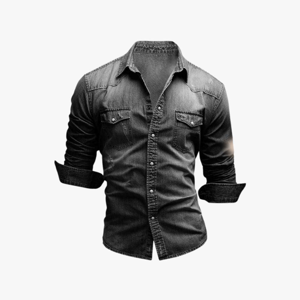 Man wearing the Kouvr Jackson slim fit black denim shirt with rolled sleeves
