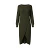 Flat lay of the Janessa olive green wrap sweater dress, highlighting the waffle knit texture and asymmetrical hem.
