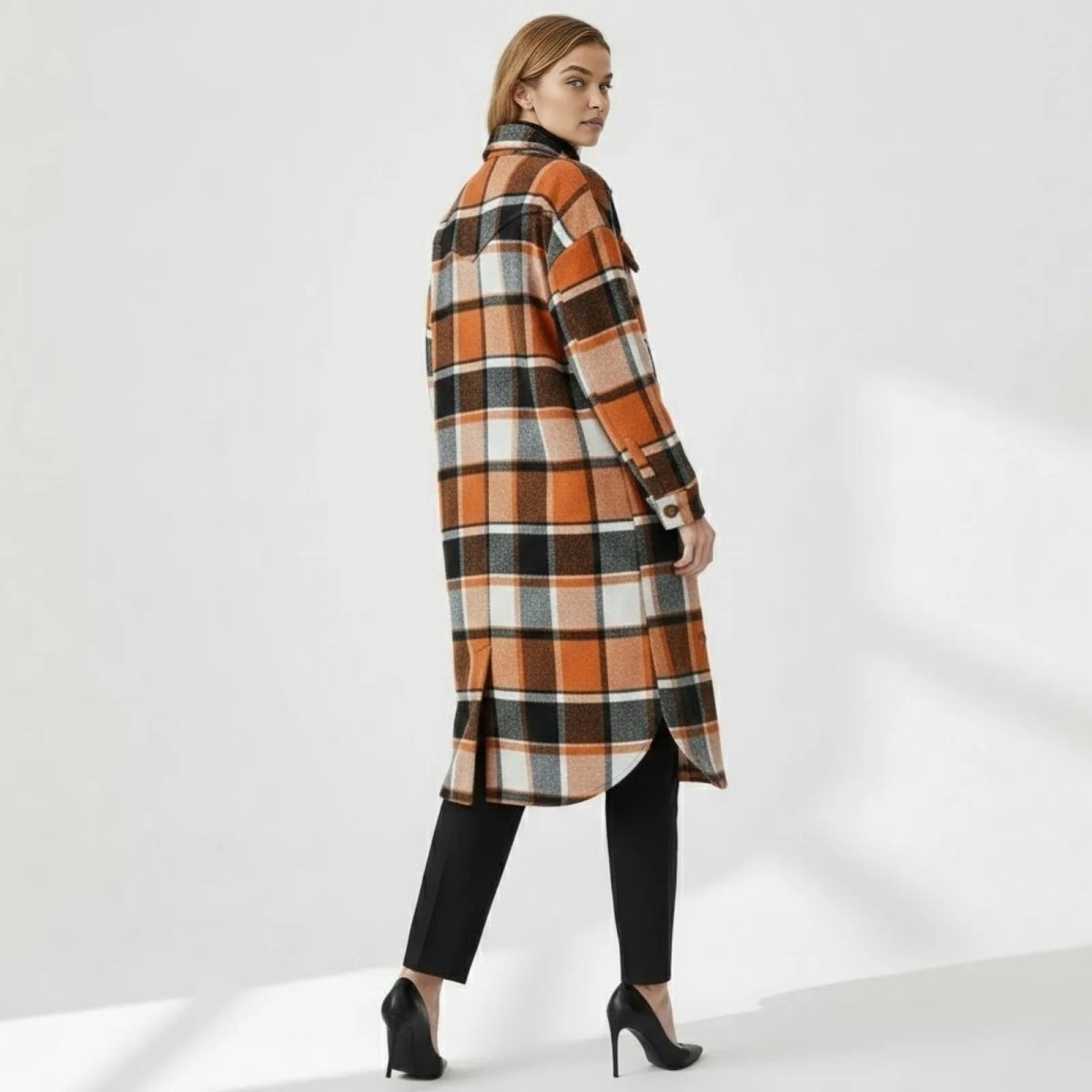 Long Plaid Shacket Women's Oversized Wool Blend Coat Orange & Black ...
