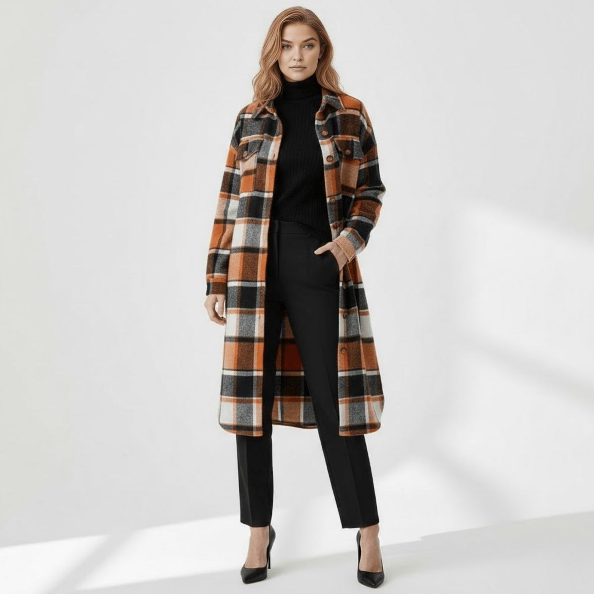 Long Plaid Shacket Women's Oversized Wool Blend Coat Orange & Black ...
