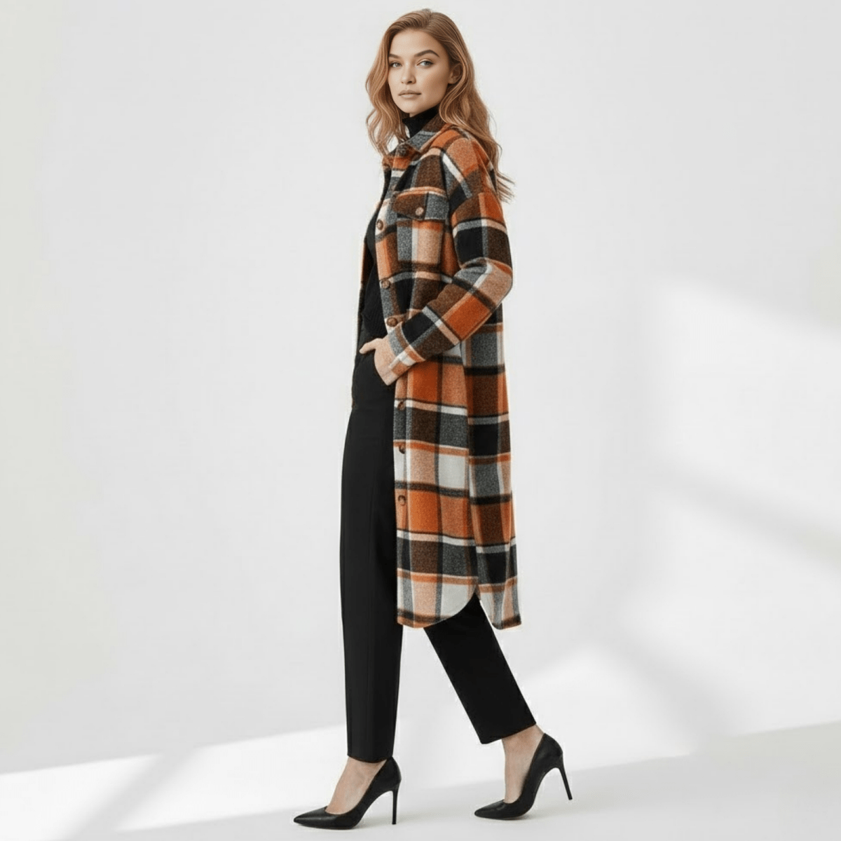 Long Plaid Shacket Women's Oversized Wool Blend Coat Orange & Black ...