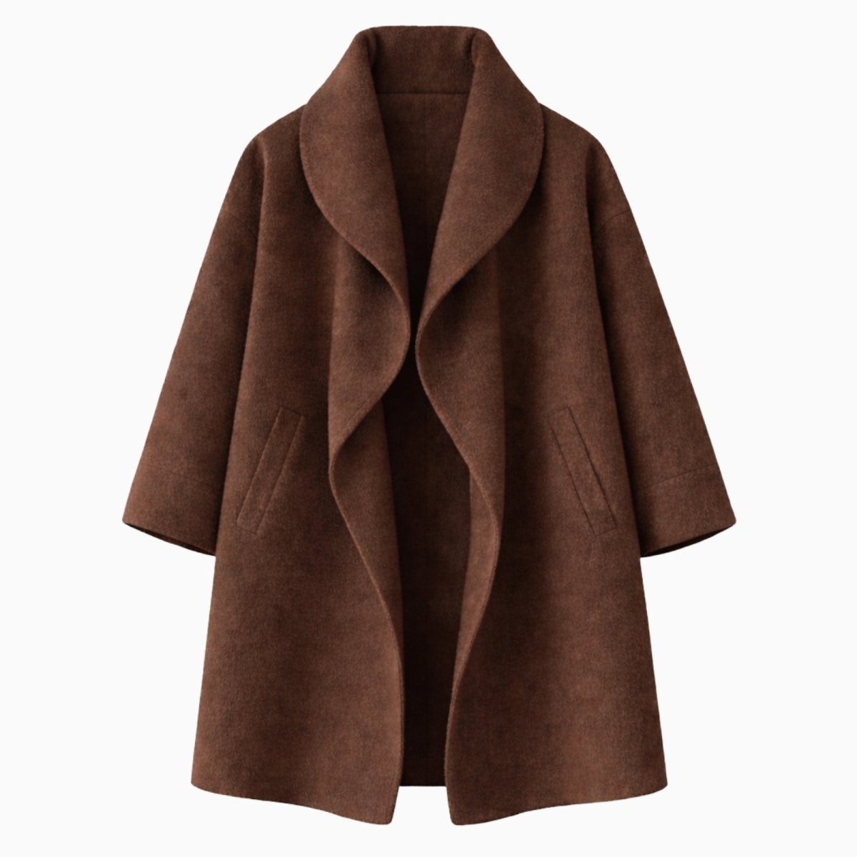 Flat lay of the brown Kouvr Janice coat, showing the open shawl collar, wide sleeves, and welt pocket details.
