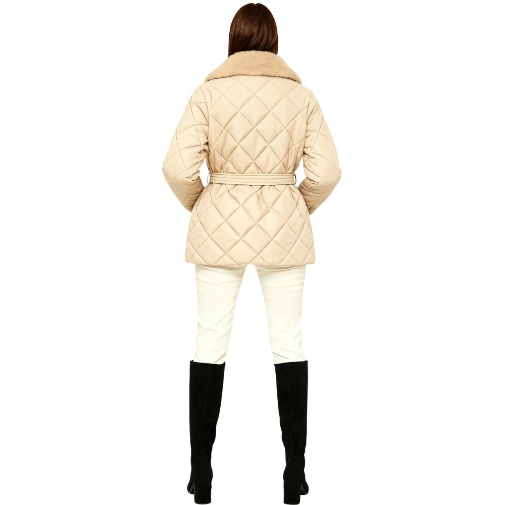 outerwear," "insulated coat," "diamond stitch jacket," and "shearling collar