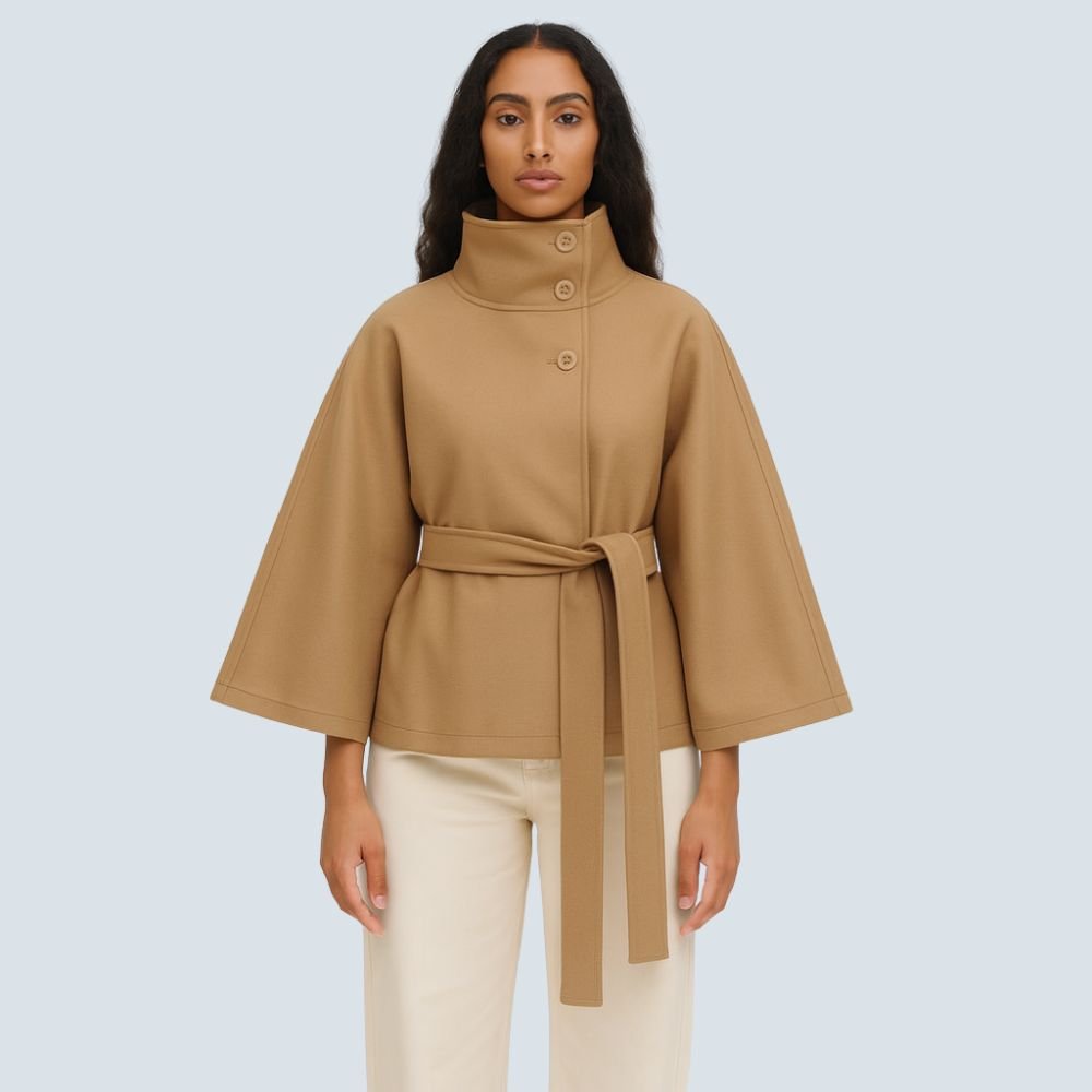 Kouvr Jannah High-Neck Belted Wool Cape Coat in Khaki 