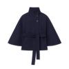 Kouvr Jannah Funnel Neck Wool Cape in Midnight Navy, belted at the waist and paired with light-wash denim