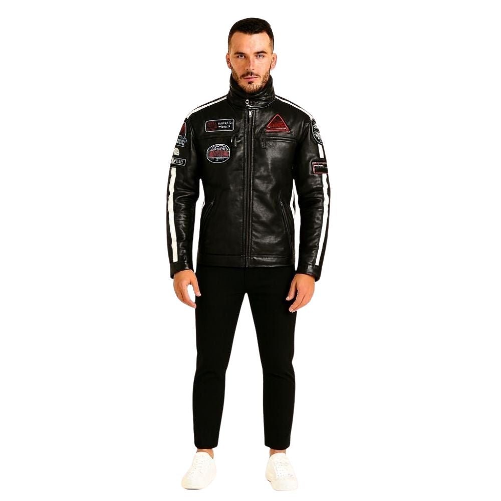 Man wearing the Kouvr Jayce black leather moto racing jacket with white stripes and vintage patches, front view.