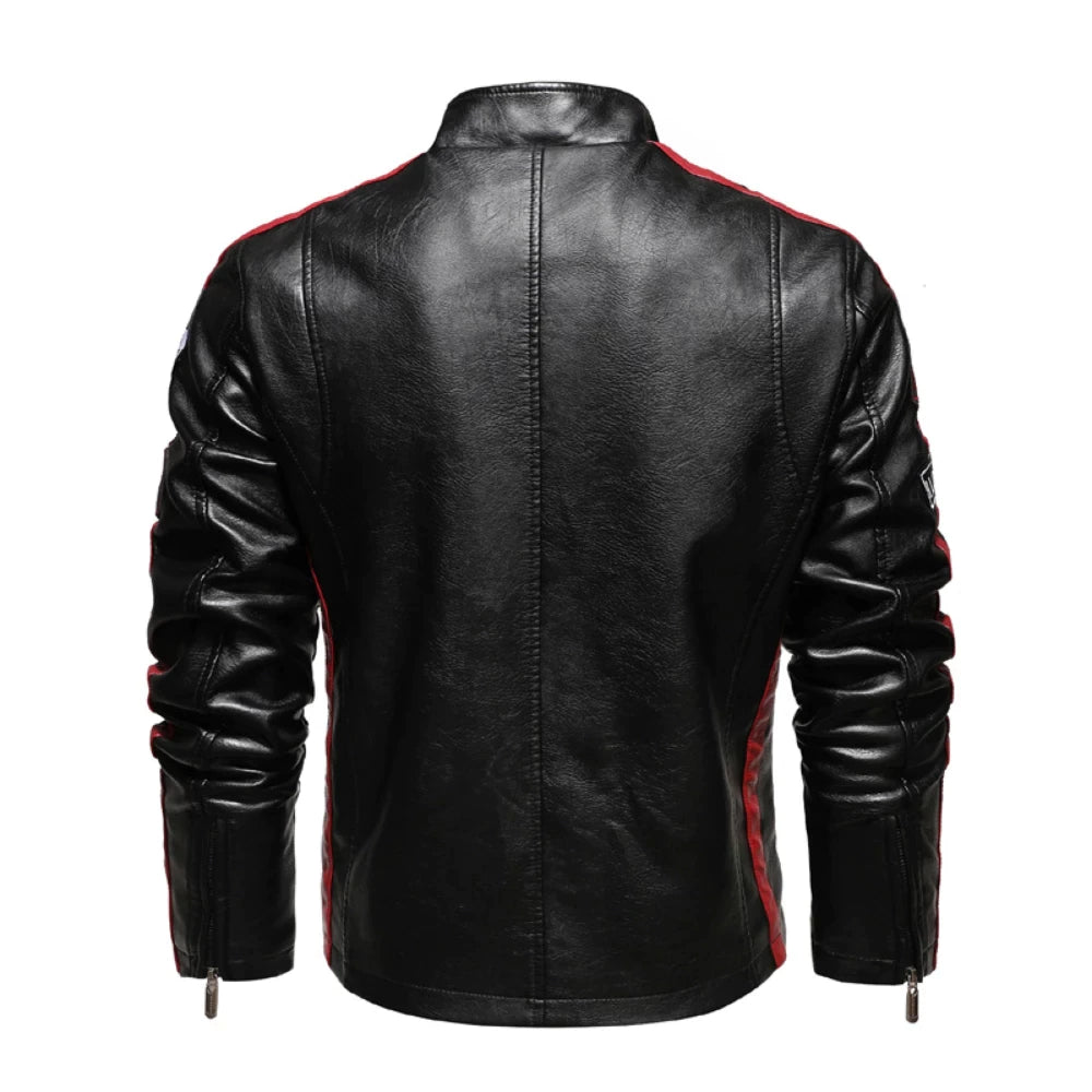 Black kouvr leather jacket with red accents on a white background
