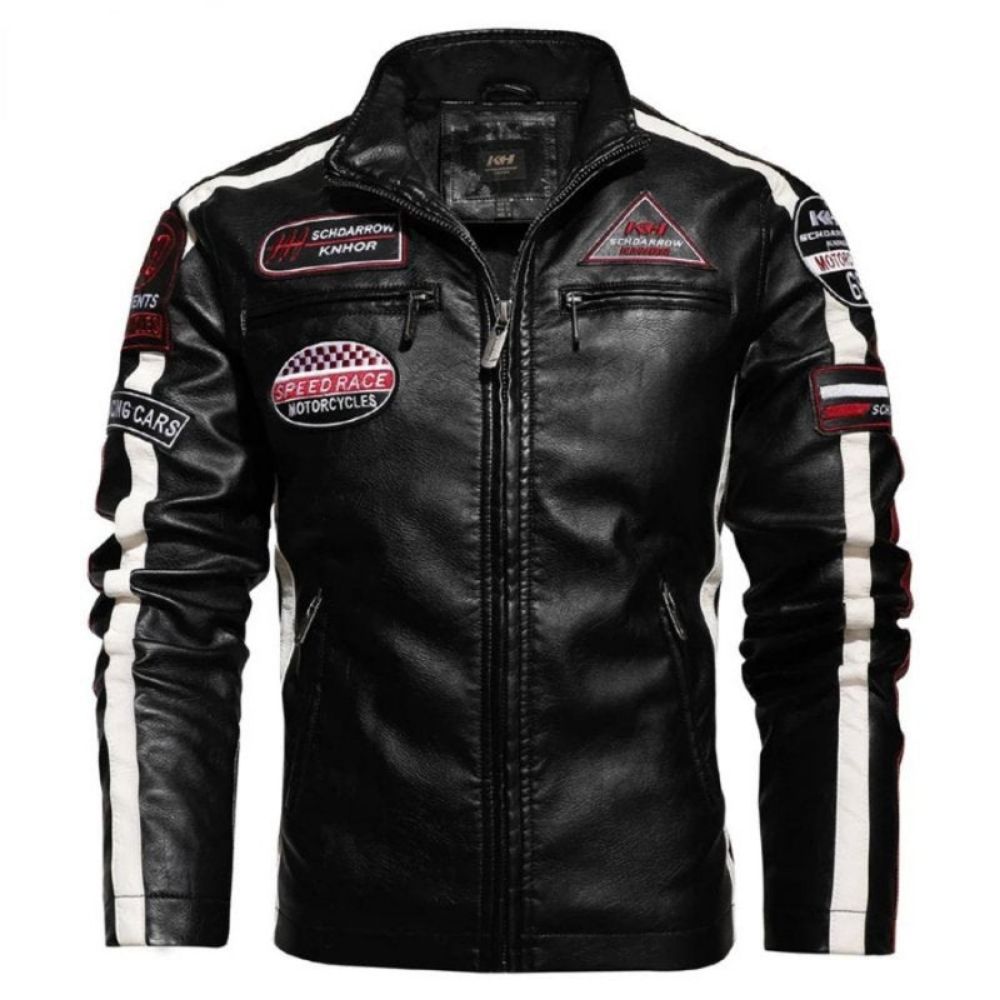 Black kouvr leather jacket with racing-themed patches on a white background