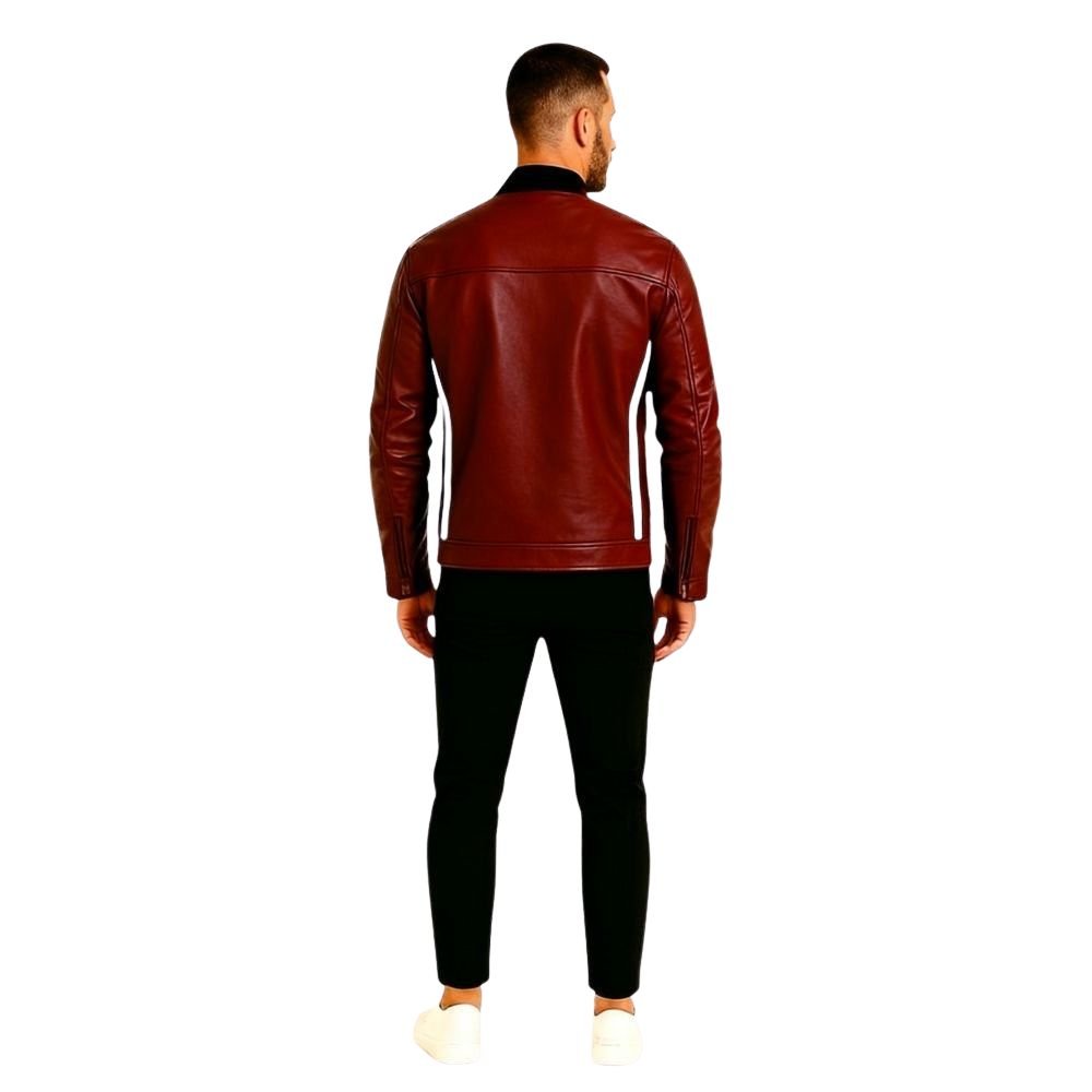 Man wearing a red kouvr leather jacket on a white background
