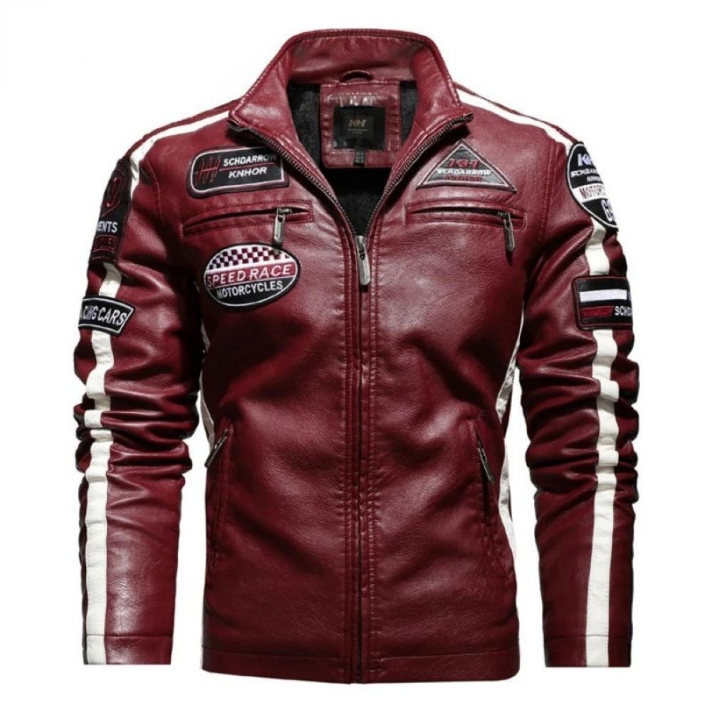 Red kouvr leather jacket with patches on a white background