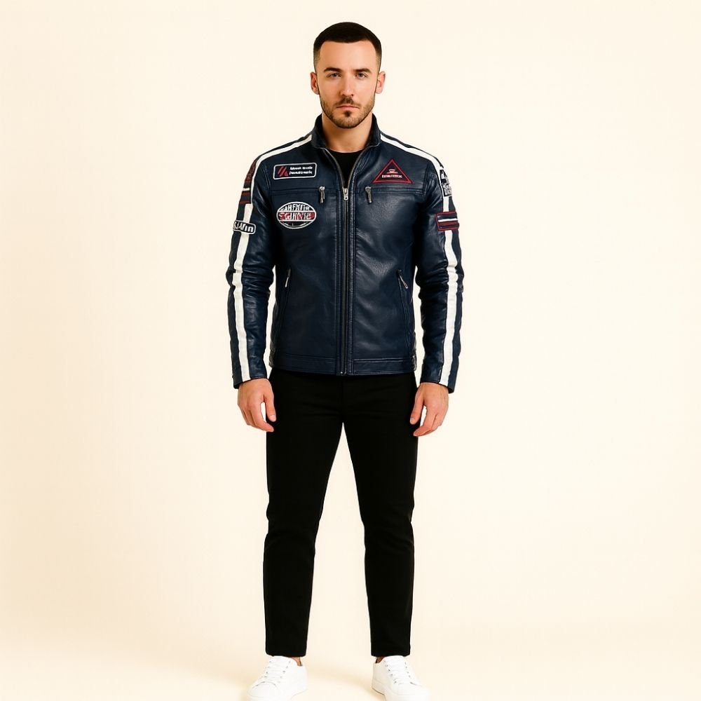 Man wearing the Kouvr Jayce Men's Navy Blue Leather Racer Jacket with embroidered patches and white stripes.