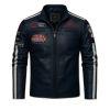 Man wearing the Kouvr Jayce Men's Navy Blue Leather Racer Jacket with embroidered patches and white stripes.