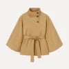 Kouvr Jaye Women's Belted Cape Jacket in Khaki with Funnel Neck