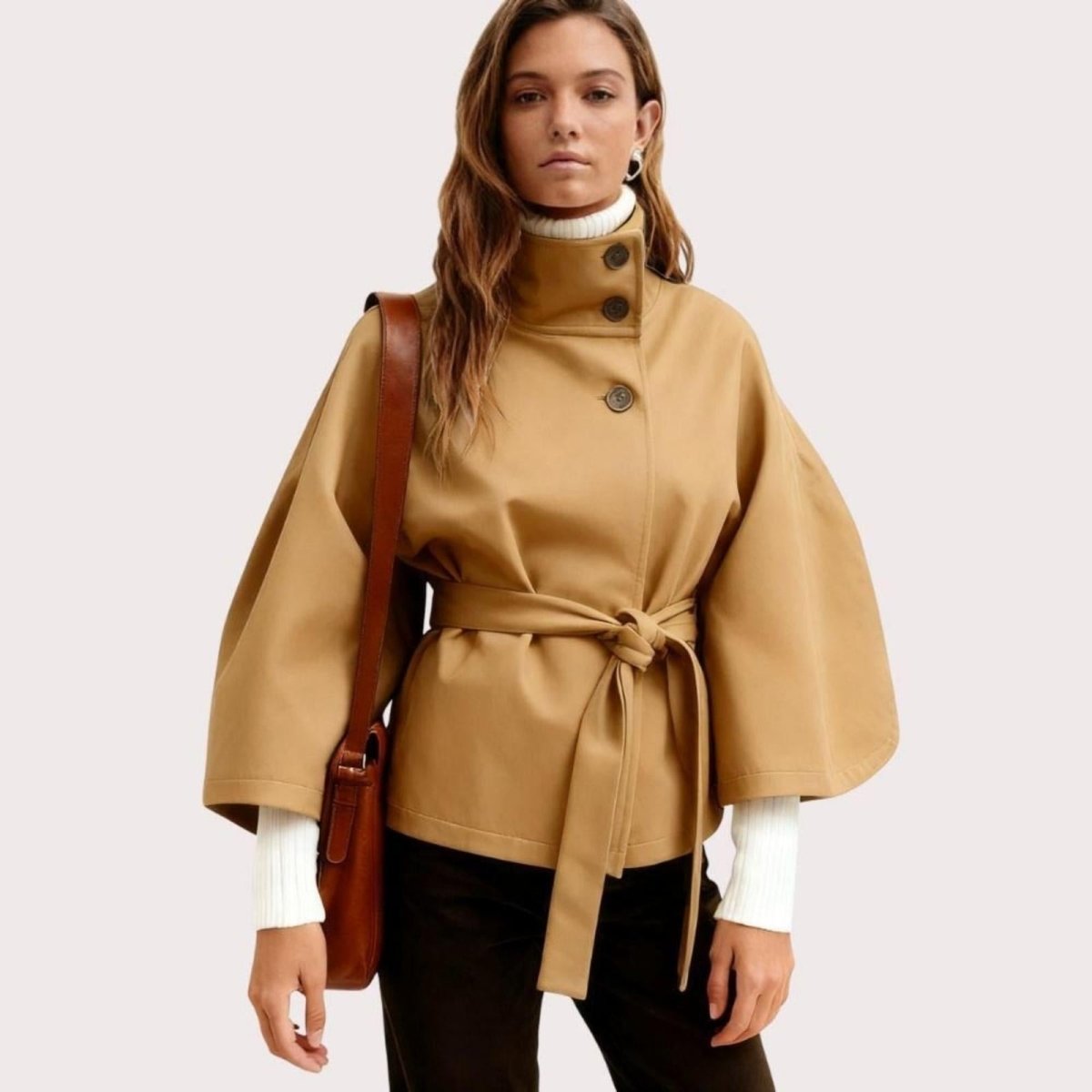 Kouvr Jaye Women's Belted Cape Jacket in Khaki with Funnel Neck