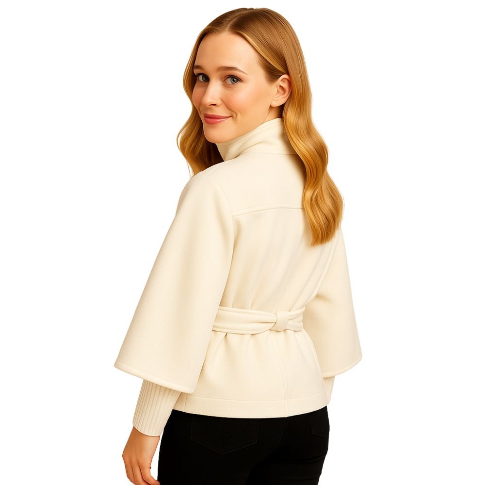 White Wool Cape Coat - Belted Funnel Neck Minimalist Short Jacket