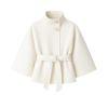 Model facing forward wears the Kouvr Jaye white wool belted cape coat with a high funnel neck and wide kimono sleeves