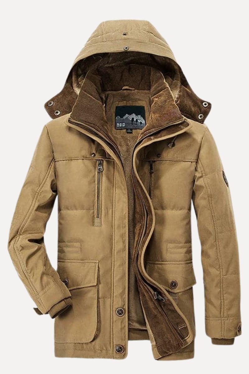 Men's khaki Jaylan Field Parka by Kouvr with hood up and fleece lining visible