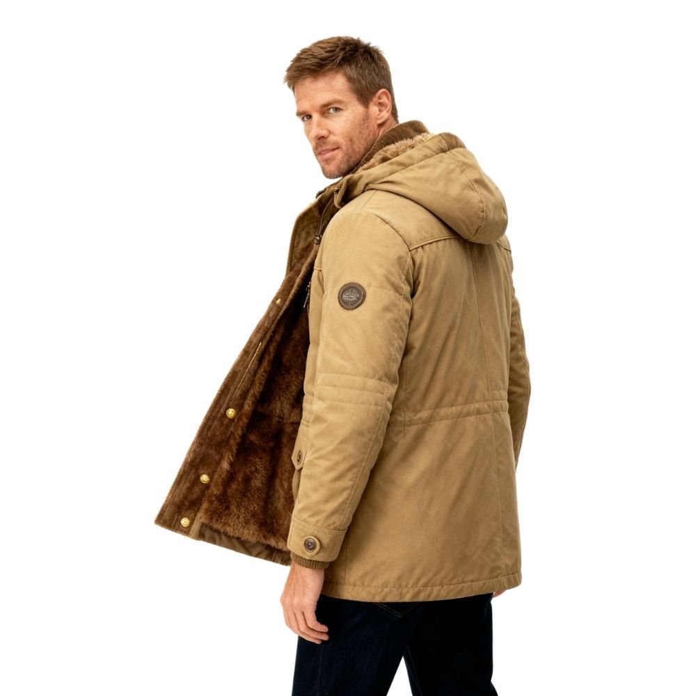 Men's khaki Jaylan Field Parka by Kouvr with hood up and fleece lining visible