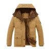 Men's khaki Jaylan Field Parka by Kouvr with hood up and fleece lining visible