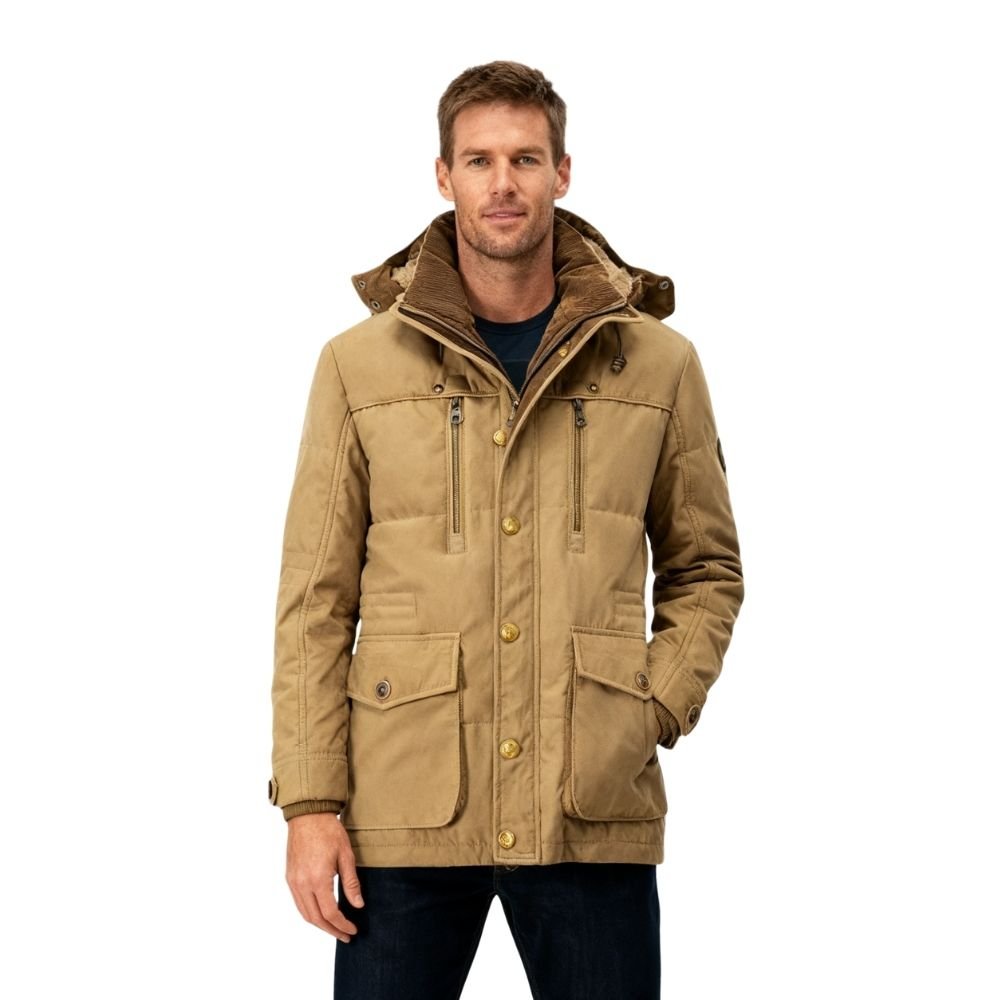 Men's khaki Jaylan Field Parka by Kouvr with hood up and fleece lining visible