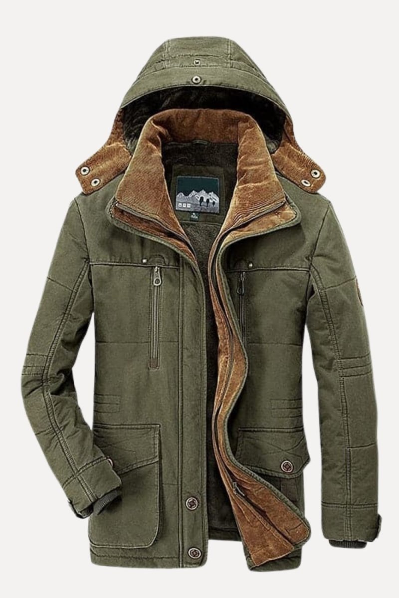 Front view of Kouvr men's green sherpa lined winter parka with hood up